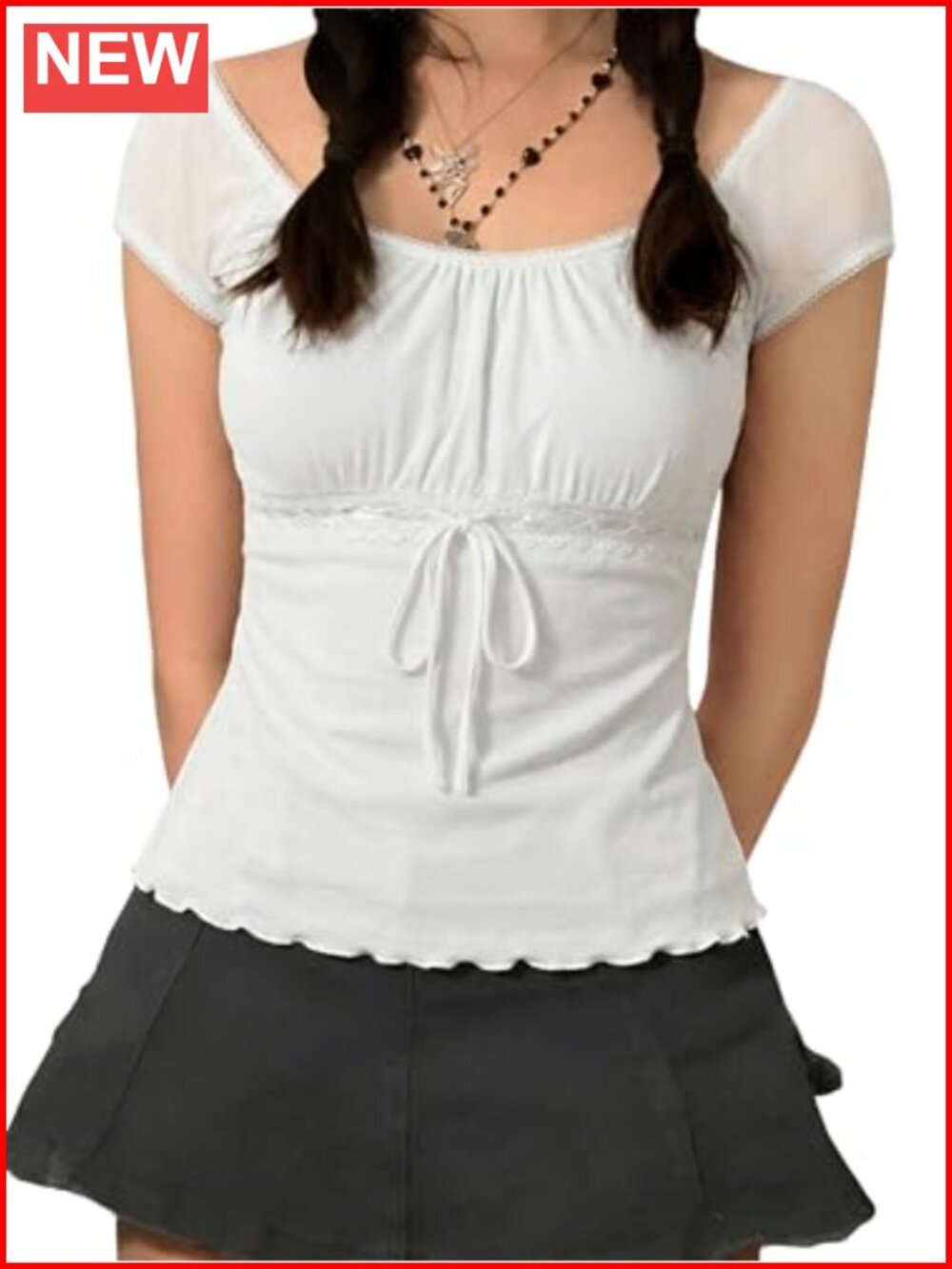 Women Mesh Babydoll Top Stretchy Short Sleeve Y2K Lace Trim
